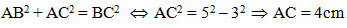 Cho tam giác ABC vuông tại A có AB = 3cm, BC = 5cm. AH là đường cao. Tính BH, CH, AC và AH. (ảnh 2)