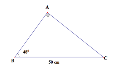 Giải tam giác vuông ABC, biết góc A = 90 dộ và BC = 50cm; góc B = 48 độ (làm tròn đến chữ số thập phân thứ nhất). (ảnh 1)