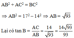 Cho tam giác ABC vuông tại A, có AC = 14, BC = 17. Khi đó tan B bằng A. căn 93/ 14 (ảnh 2)
