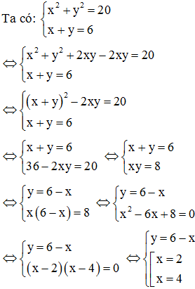 Hệ phương trình x^2 + y^2 =20 và x +y =6 có nghiệm là (x; y) với x > y Khi đó tổng 3x + 2y bằng: (ảnh 1)