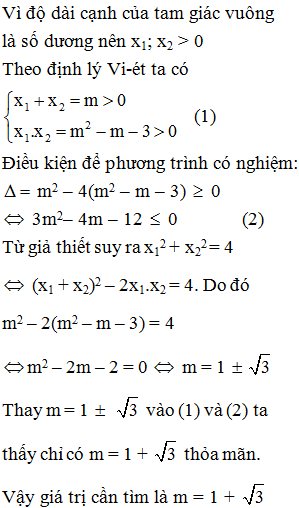 Tìm các giá trị của m để phương trình x^2 – mx + m^2 – m – 3 = 0 có hai nghiệm à độ dài các cạnh góc (ảnh 1)