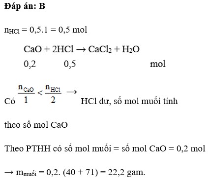 Cho 0,2 mol Canxi oxit tác dụng với 500ml dung dịch HCl 1M Khối lượng muối thu được là (ảnh 1)