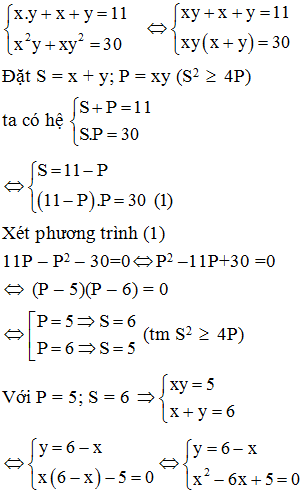 Hệ phương trình xy +x +y =11 và x^2.y +xy^2 =30. Có 2 nghiệm (2; 3) và (1; 5) (ảnh 1)