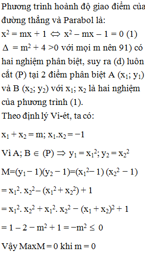 Cho parabol (P): y = x^2 và đường thẳng (d): y = mx + 1. Gọi A (x1; y1) và B ( x2; y2) (ảnh 1)