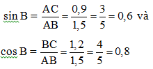 Cho tam giác ABC vuông tại C có BC = 1,2cm, AC = 0,9cm Tính các tỉ số lượng giác sinB và cosB. (ảnh 3)