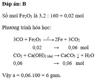 Khử hoàn toàn 3,2 gam Fe2O3 bằng khí CO dư. Sản phẩm khí thu được cho vào bình đựng nước vôi trong dư được a (ảnh 1)