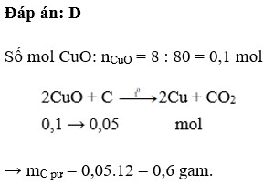 Khối lượng C cần dùng để khử hoàn toàn 8 gam CuO thành kim loại là  A. 3,6 gam B. 1,2 gam C. 2,4 gam D. 0,6 gam (ảnh 1)