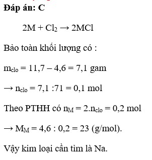 Cho 4,6 g một kim loại M (hoá trị I) phản ứng với khí clo tạo thành 11,7g muối. M là kim loại nào sau đây (ảnh 1)