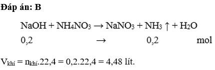 Cho 0,2 mol NaOH vào dung dịch NH4NO3 dư thì thể tích thoát ra ở đktc là A. 2,24 lít B. 4,48 lít (ảnh 1)