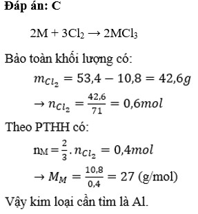 Cho 10,8 g một kim loại M (hóa trị III) phản ứng với khí clo tạo thành 53,4g muối. Kim loại M là (ảnh 1)