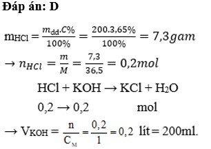 Trung hoà 200g dung dịch HCl 3,65% bằng dung dịch KOH 1M Thể tích dung dịch KOH cần dùng là (ảnh 1)