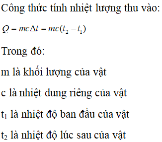 Trong công thức tính nhiệt lượng thu vào:  q= mc denta t = mc ( t2- t1) , t2 là  (ảnh 1)