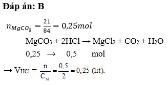 Cho 21 gam MgCO3 tác dụng với một lượng vừa đủ dung dịch HCl 2M Thể tích dung dịch HCl đã dùng là (ảnh 1)