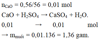 Cho CaO + H2SO4 → CaSO4 + H2O. Nếu khối lượng CaO đã phản ứng là 0,56 gam (ảnh 1)