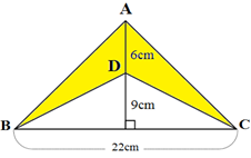 Diện tích phần tô đậm của hình vẽ dưới đây là  A. 330 cm^ 2  B. 99 cm^ 2  C. 165 cm^ 2  D. 66cm^ 2 (ảnh 1)