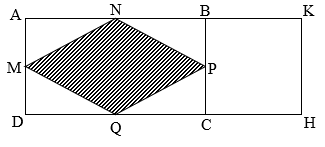 Tính chu vi hình chữ nhật ABCD biết diện tích hình thoi MNPQ là  2323 dm^2 và chu vi hình vuông BKHC là (ảnh 1)