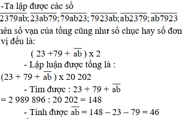 Với ba mảnh bìa trên đó viết các số 23, 79, và ab, người ta ghép chúng thành các số có sáu chữ số khác nhau (ảnh 1)