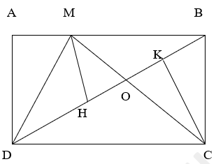 Cho hình chữ nhật ABCD có AB = 6 cm, AD = 4 cm. Điểm M nằm trên AB, MC cắt BD tại 0. (ảnh 1)