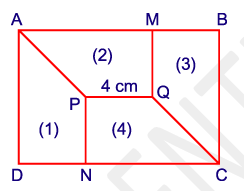 Cho (1), (2), (3), (4) là các hình thang vuông có kích thước bằng nhau. Biết rằng PQ = QM = 4 cm. (ảnh 1)