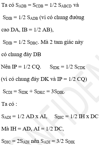 Cho hình chữ nhật ABCD (như hình vẽ); I là điểm chia AB thành 2 phần bằng nhau. Nối DI và IC; nối DB (ảnh 3)