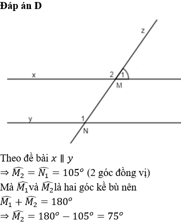 Cho hình vẽ sau, biết x||y và (N1)=105^o. Tính (M1...