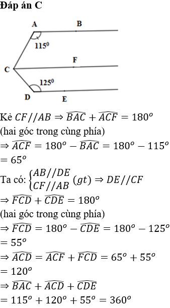 Cho hình vẽ sau Biết AB//DE,(BAC)=115^o,(CDE)=125^o. Tính  (BAC)+(ACD)+(CDE...
