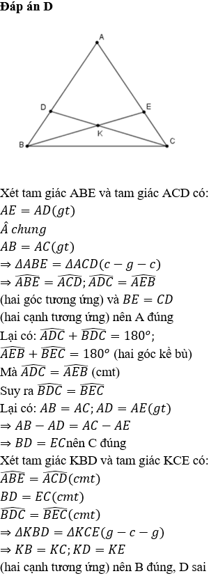 Cho Tam Giác Abc Có Ab=Ac. Trên Cạnh Ab Và Ac Lấy Các Điểm D,E Sao Cho Ad=Ae