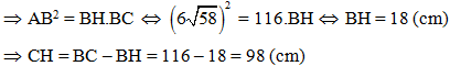 Cho tam giác ABC vuông tại A. Biết AB/AC=3/7 , đường cao AH = 42cm Tính BH, HC (ảnh 2)