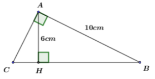 Cho tam giác ABC vuông tại A, đường cao AH. Biết AB = 10cm AH = 6cm. Tính độ dài các cạnh AC, BC (ảnh 1)