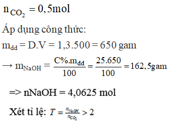 Cho 11,2 lít CO2 vào 500 ml dung dịch NaOH 25% (D = 1,3 g/mlNồng độ mol/lit của dung dịch muối tạo thành là (ảnh 1)