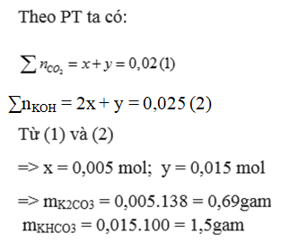 Dẫn 448 ml CO2 (đktc) sục vào bình chứa 100 ml dung dịch KOH 0,25M. Khối lượng hai muối tạo thành là (ảnh 3)