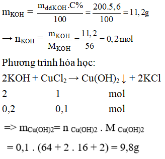 Cho 200g dung dịch KOH 5,6% vào dung dịch CuCl2 dư, sau phản ứng thu được lượng chất kết tủa là:   (ảnh 1)