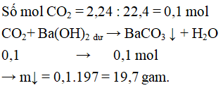 Cho 2,24 lít CO2 (đktc) tác dụng với dung dịch Ba(OH)2 dư. Khối lượng chất kết tủa thu được là: (ảnh 1)