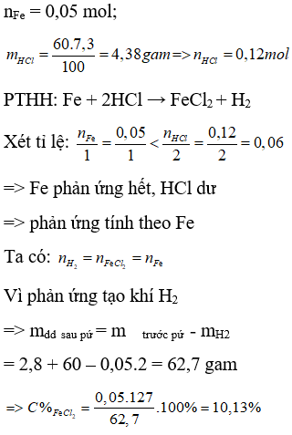 Hòa tan hết 2,8 gam kim loại Fe vào cốc đựng 60 gam dung dịch HCl 7,3% thu được khí H2  và dung dịch X. (ảnh 1)