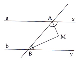 Cho hình vẽ bên, biết ax // by. Hai tia phân giác của góc xAB và góc ABy cắt