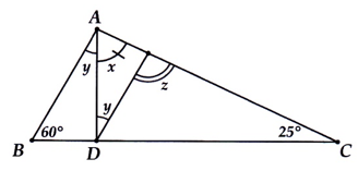Tính số đo x, y, z trong các hình vẽ sau: a) Đáp số x = 65 độ; y = 30 độ