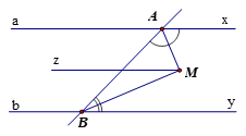Cho hình vẽ bên, biết ax // by. Hai tia phân giác của góc xAB và góc ABy  cắt nhau tại M