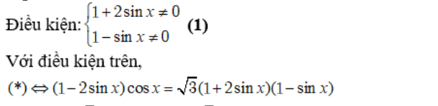 Giải phương trình sau: (1 - 2sinx)cosx / (1 + 2sinx)(1 - sinx) = căn(3) (ảnh 1)