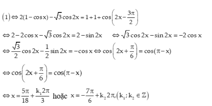 Tìm x ∈ (0; pi) thỏa mãn phương trình  4sin^2 x/2 - căn(3)cos2x = 1 + 2cos^2 (x - 3pi/4) (1): A.x= cộng trừ 5pi/18  (ảnh 1)