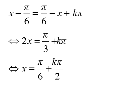 Giải phương trình tan(x-pi/6)- cot(pi/3 + x) = 0: A.x=-pi/6+kpi(k thuộc Z) B.x= cộng trừ pi/6+k2pi,x=-pi/8+kpi(k thuộc Z) (ảnh 3)