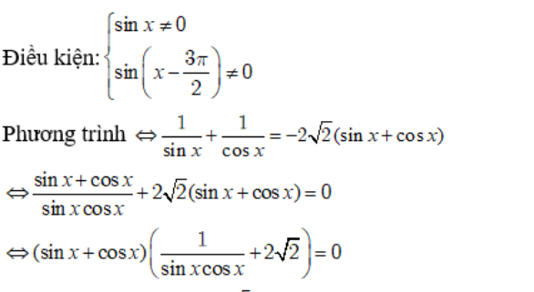 Giải phương trình sau: 1/sinx + 1/sin(x - 3pi/2) = 4sin(7pi/4 - x): A.x=-pi/8+kpi B.x=-pi/4+kpi  (ảnh 1)