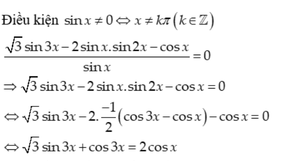 Tìm số nghiệm của phương trình (Căn3*sin3x - 2sinx.sin2x – cosx)/sinx = 0 thuộc (-pi/2;pi/2): A.2 B.3 C.4 D.5 (ảnh 1)