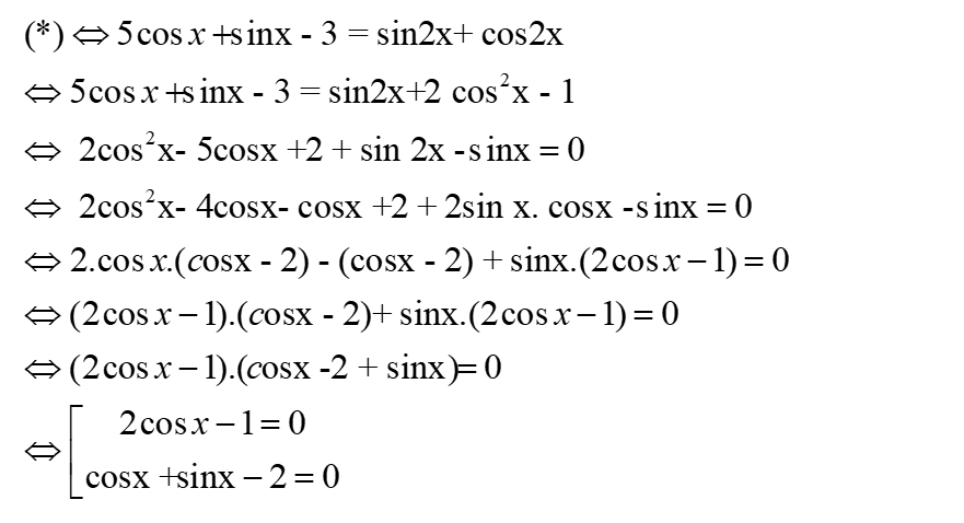 Tìm số nghiệm x ∈ (0; pi) của phương trình 5cosx + sinx - 3 = căn(2)sin(2x + pi/4)(*): A.1 B.2 C.3 D.4 (ảnh 1)