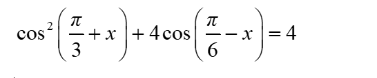 Giải các phương trình sau: cos^2(pi/3+x)+4cos(pi/6-x)=4: A.x= cộng trừ pi/6+k2pi, k thuộc Z B.x= cộng trừ 5pi/6+k2pi (ảnh 1)