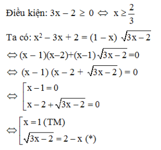 Phương trình x2 – 3x + 2 = (1 – x) căn (3x-2) có bao nhiêu nghiệm  A. 1  B.  3  C.  0  D. 2 (ảnh 1)