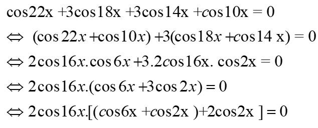 Tìm số nghiệm của phương trình cos(22x) + 3cos(18x) + 3cos(14x) + cos(10x) = 0 thuộc khoảng (0; pi/2):A.6 B.7 C.8 D.9 (ảnh 1)