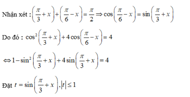 Giải các phương trình sau: cos^2(pi/3+x)+4cos(pi/6-x)=4: A.x= cộng trừ pi/6+k2pi, k thuộc Z B.x= cộng trừ 5pi/6+k2pi (ảnh 2)