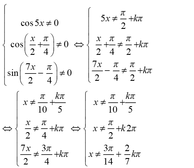 Tìm tập xác định của hàm số y= tan5x / sin4x - cos3x: A.R\{pi/10+kpi/5, k thuộc Z} B.R\{pi/2+k2pi, k thuộc Z} (ảnh 2)