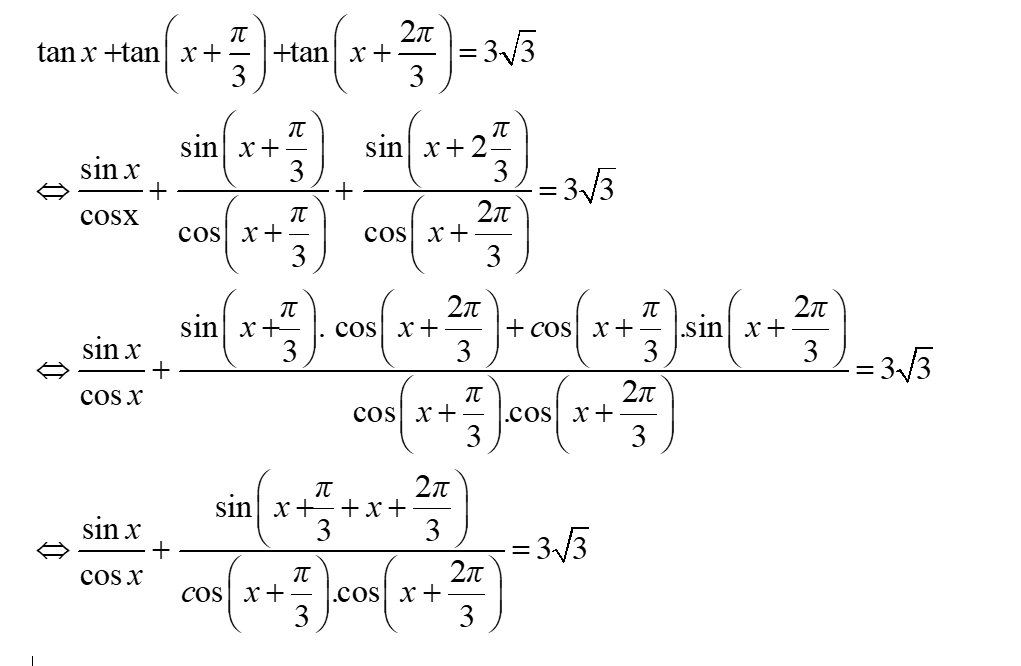 Phương trình tanx + tan(x + pi/3) + tan(x + 2pi/3) = 3căn(3) tương đương với phương trình: A.cotx=căn bậc hai của 3 (ảnh 2)