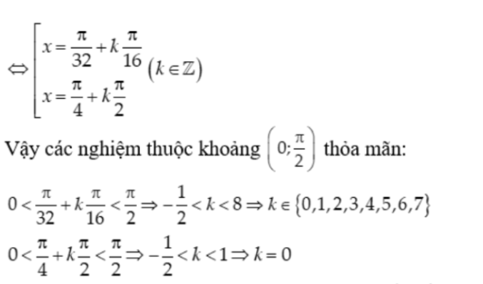 Tìm số nghiệm của phương trình cos(22x) + 3cos(18x) + 3cos(14x) + cos(10x) = 0 thuộc khoảng (0; pi/2):A.6 B.7 C.8 D.9 (ảnh 3)